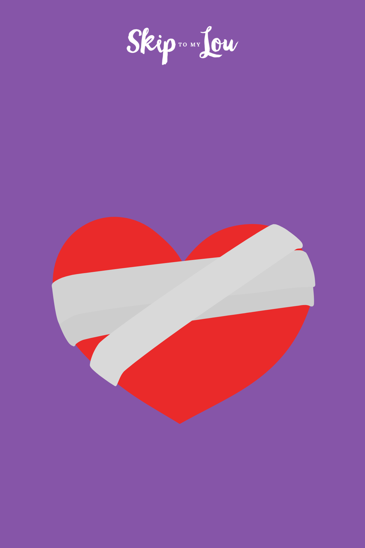A red heart with a white bandage wrapped around it on a purple background for a blog post with pain quotes from skip to my lou. 