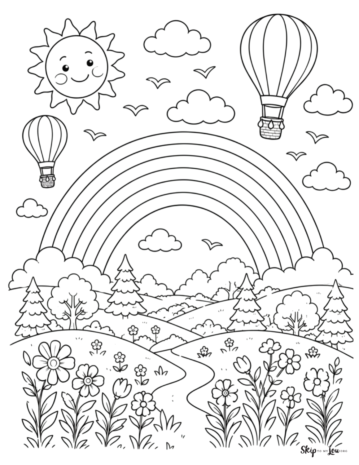rainbow coloring page with hot air balloons and trees