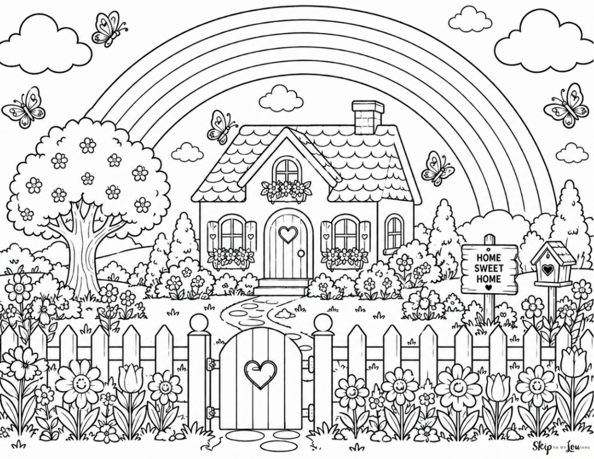 cottage with trees and rainbow coloring page