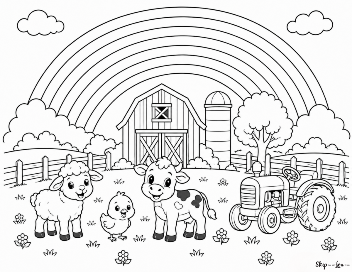 farm animals with rainbow
