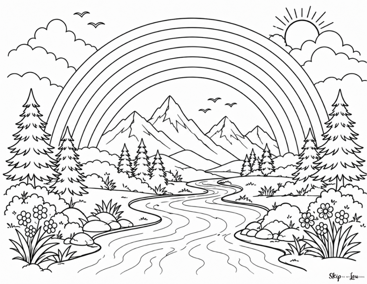 rainbow with mountains coloring page