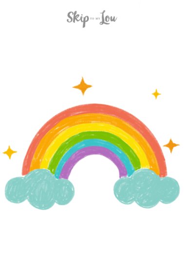 Rainbow cartoon showcasing all the colors and stars, on top of a white background