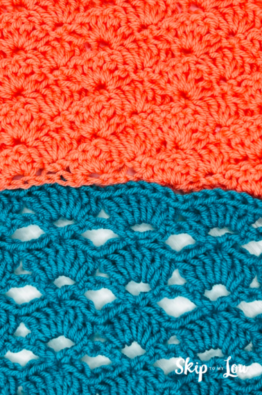 Blue and orange swatch of crochet shell stitches.