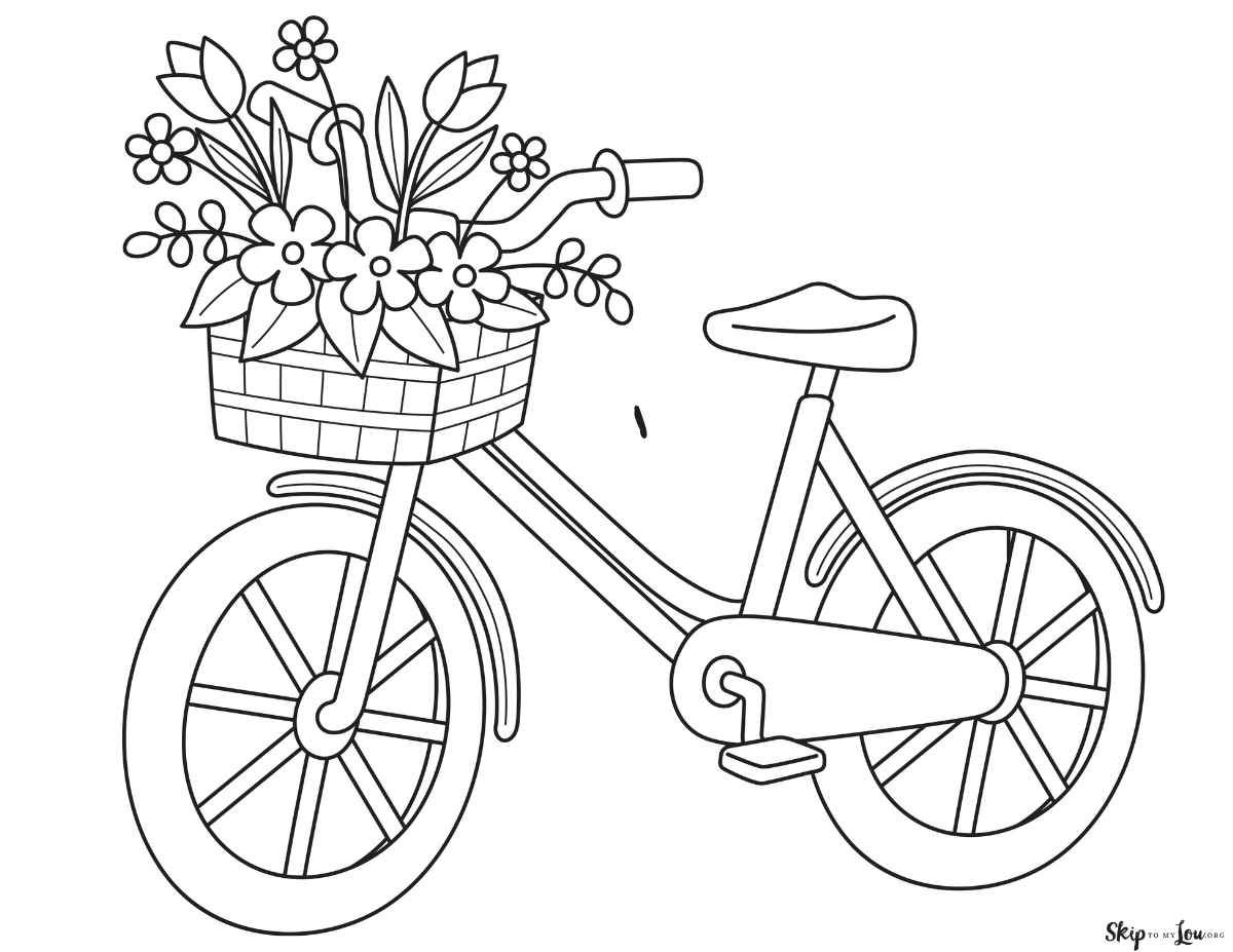 bicycle with flowers in front basket coloring page