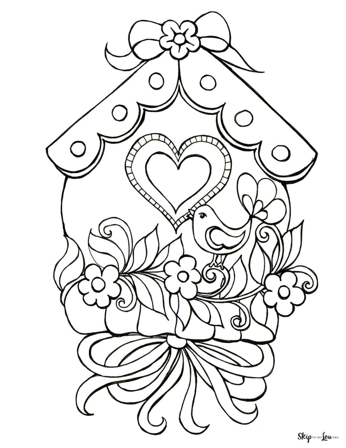 birdhouse with flowers hearts and bird