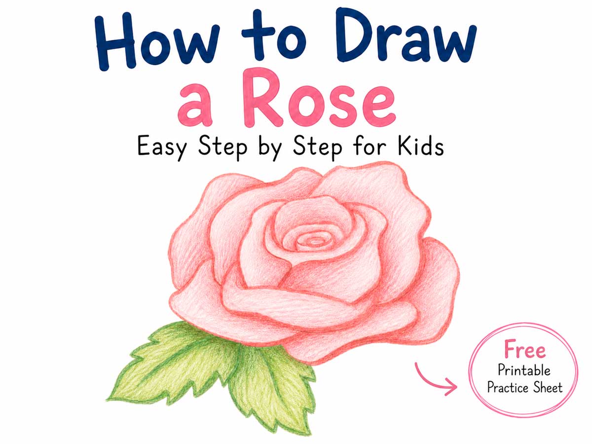 How to draw a rose easy step by step for kids with colored pencil rose and printable practice sheet