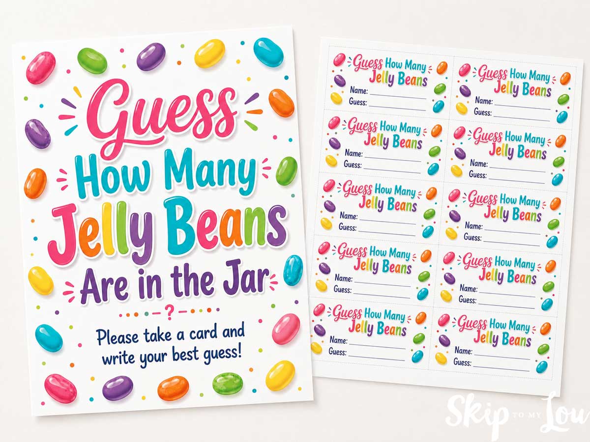 Printable jelly bean guessing game sign and guess card sheet for a party or classroom activityPrint the sign, cut apart the cards, fill a mason jar with jelly beans, and let everyone write down their best guess.
