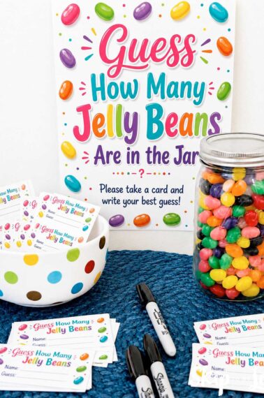 elly bean guessing game with printable sign, guess cards, markers, and a mason jar full of colorful jelly beans