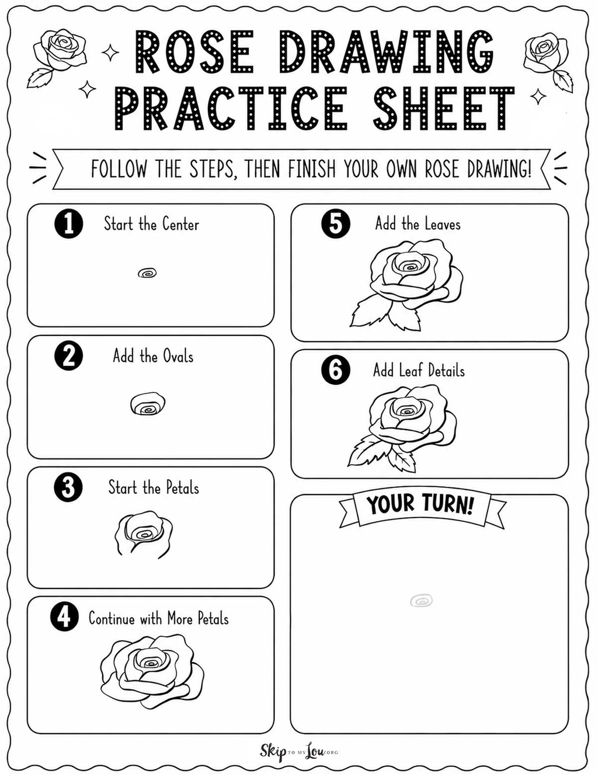 Rose drawing practice sheet with step by step boxes and your turn drawing area