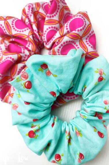 Two handmade scrunchies on white background