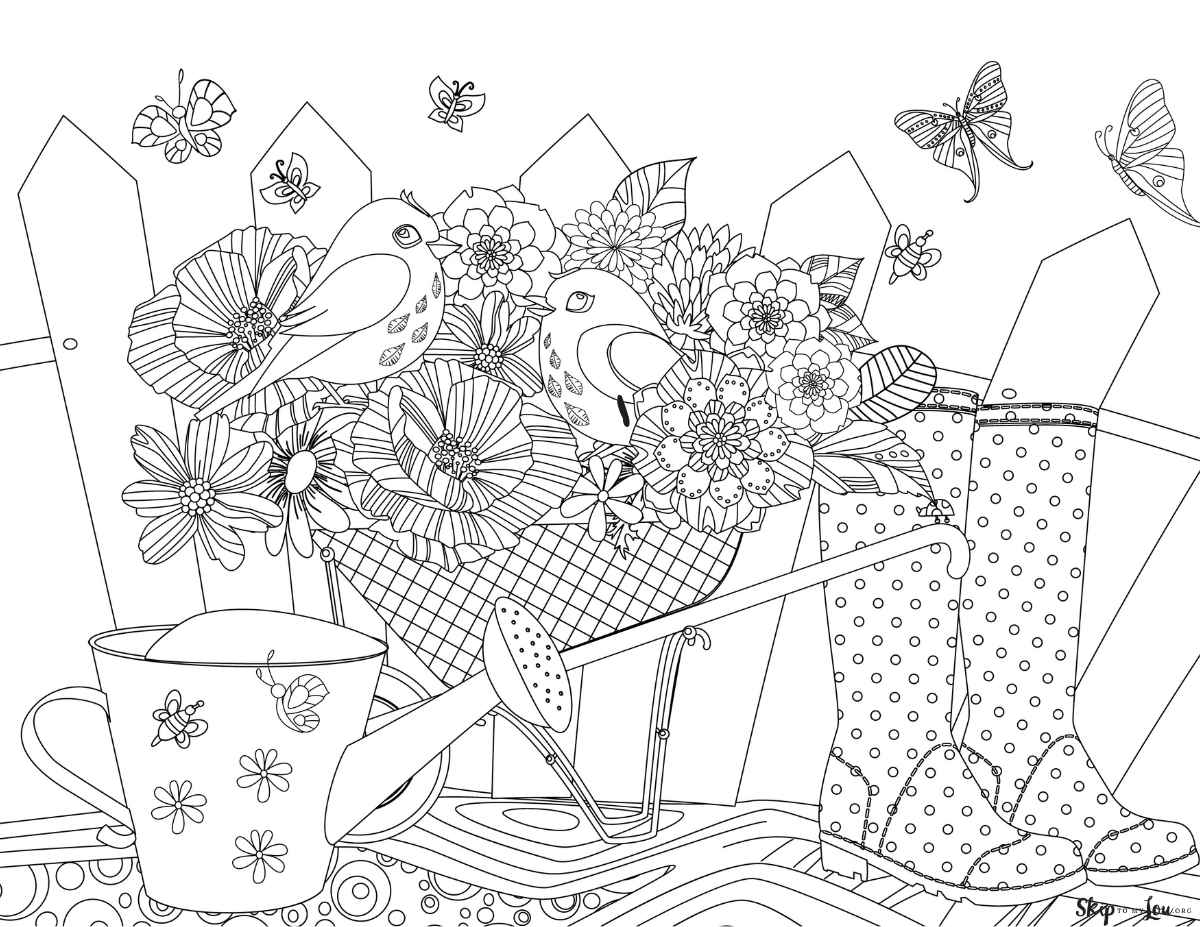 wheel barrel watering can and rain boots coloring page