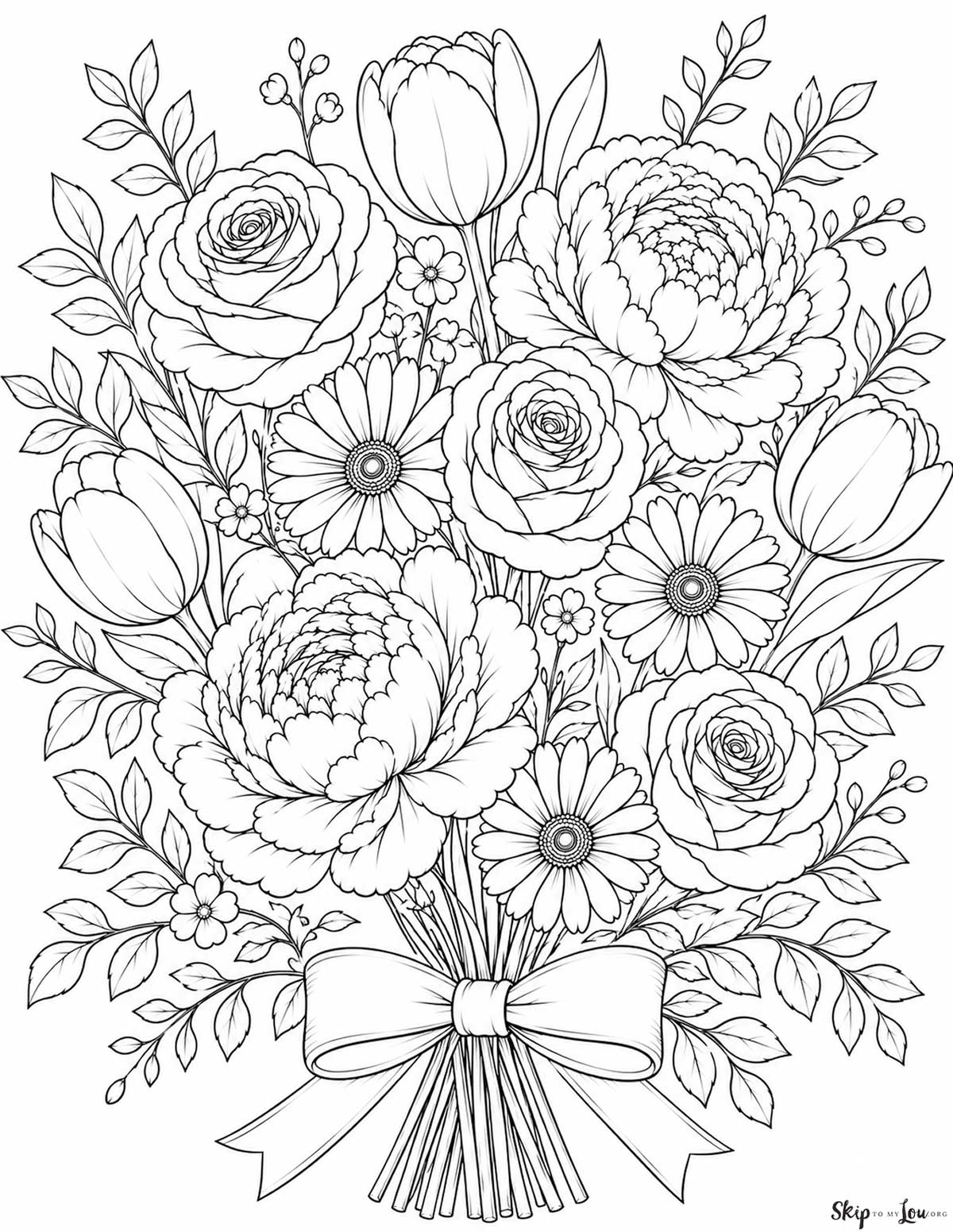 Flower bouquet coloring page for adults with roses, tulips, daisies, peonies, leaves, stems, and a ribbon bow in black and white line art.