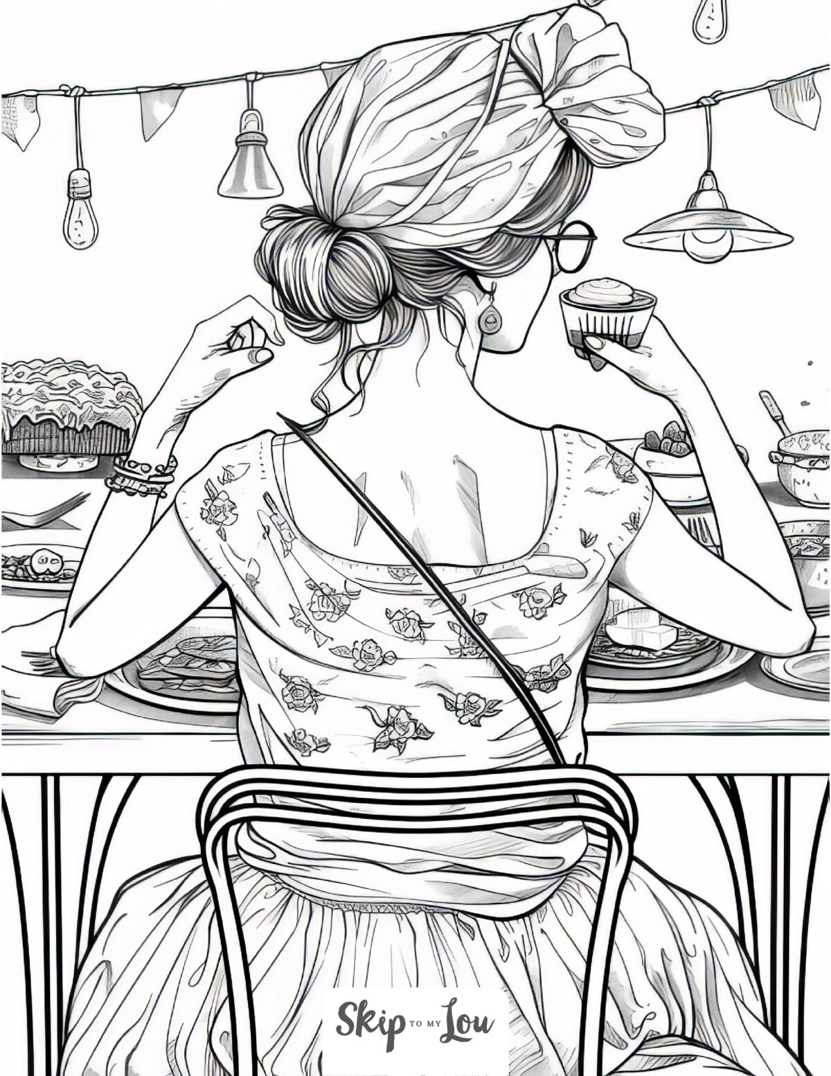 A food coloring page featuring a lady sitting a table with an assortment of cakes while she holds up a cupcake.