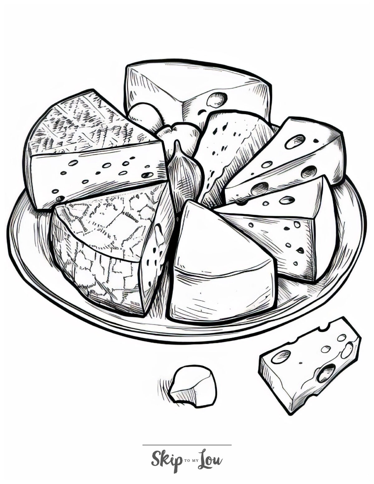 A food coloring page featuring an arrary of different cheeses.