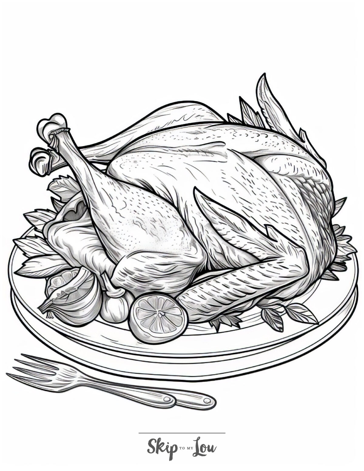 A food coloring page featuring a roast chicken on a plate.