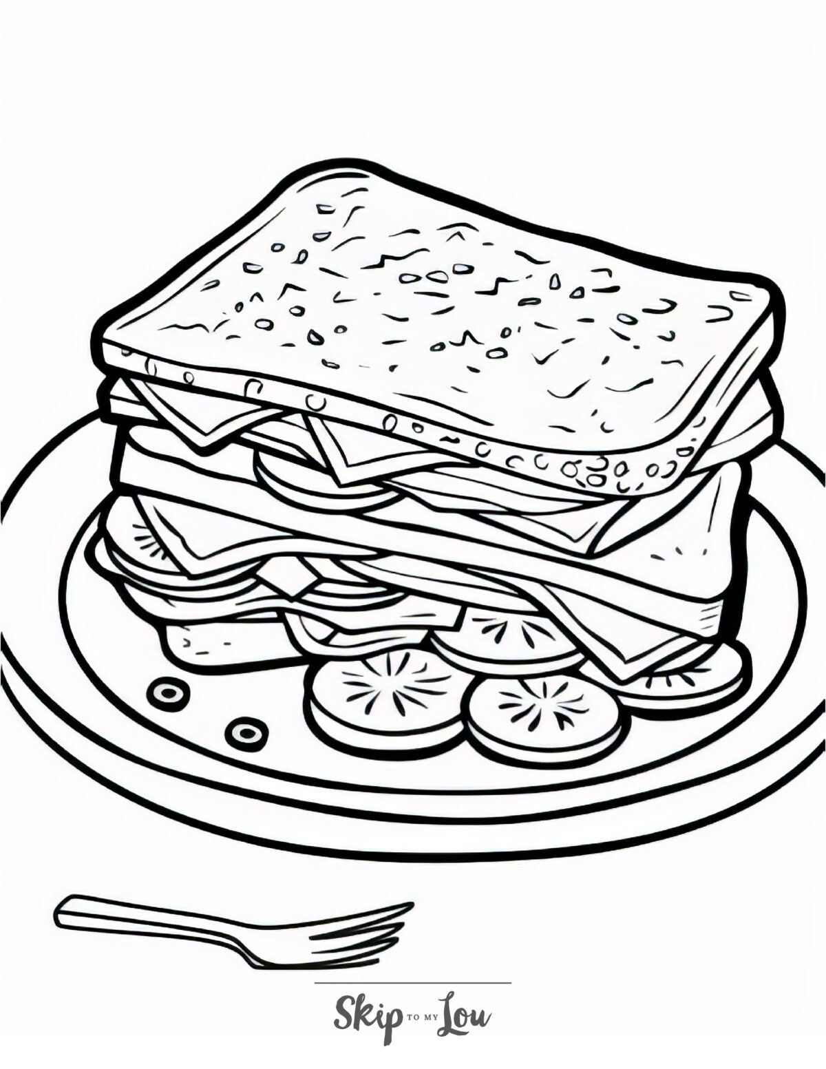 A food coloring page featuring a stacked sandwich on a plate.
