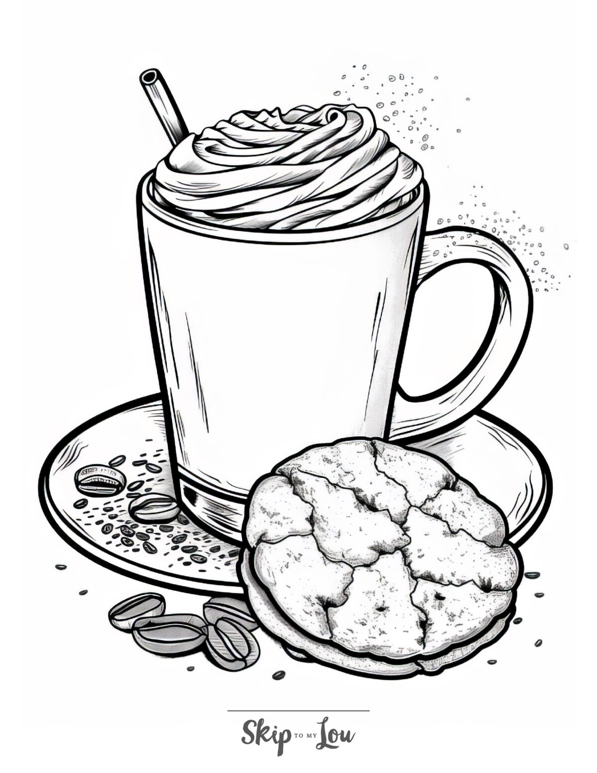 A food coloring page featuring a cup of coffee, topped with cream and served alongside a big cookie.
