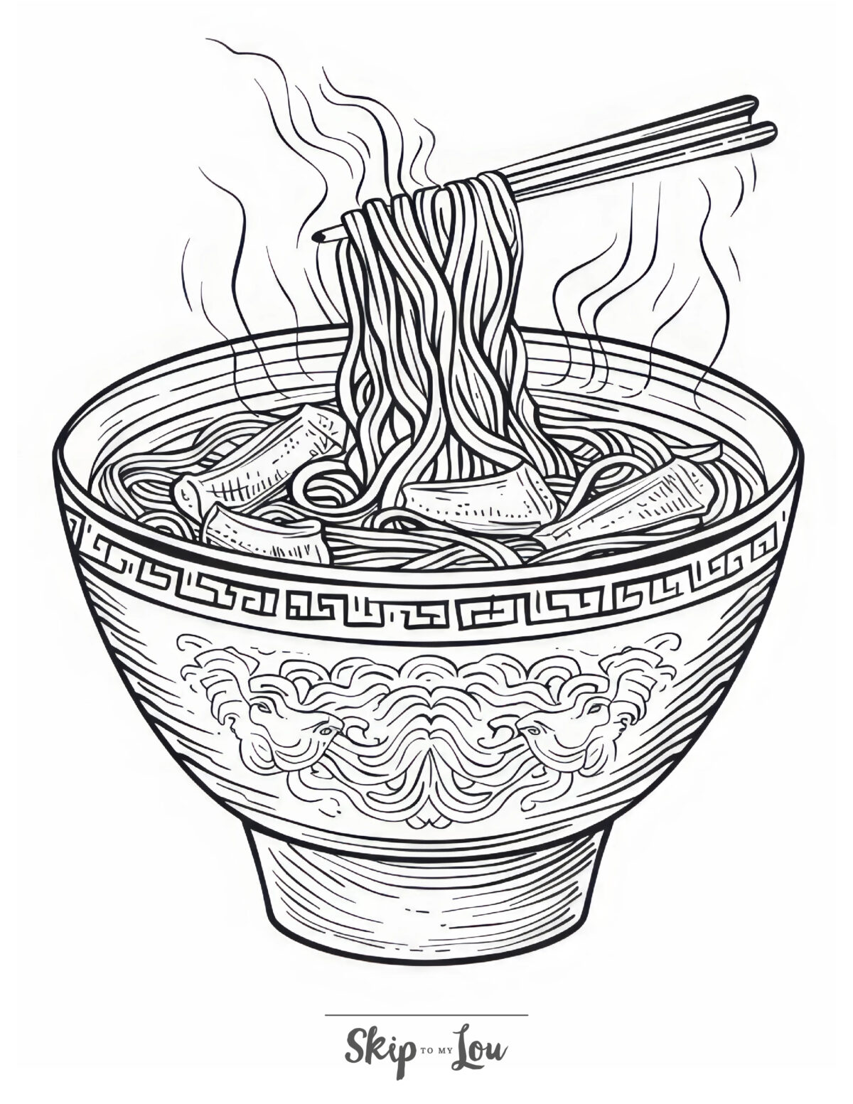 A food coloring page featuring a bowl of noodles.