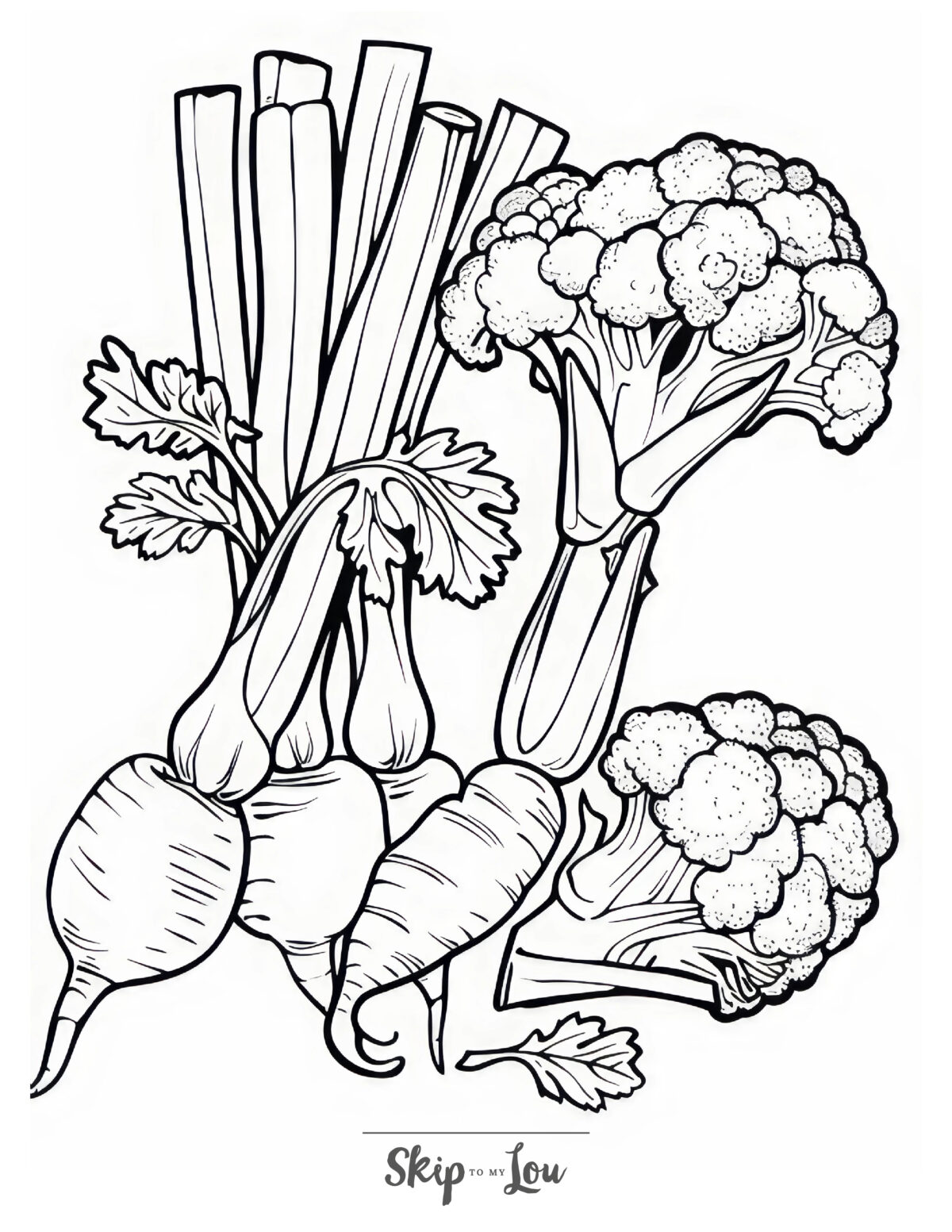 A food coloring page featuring vegetables, including carrots, cauliflower and beets.