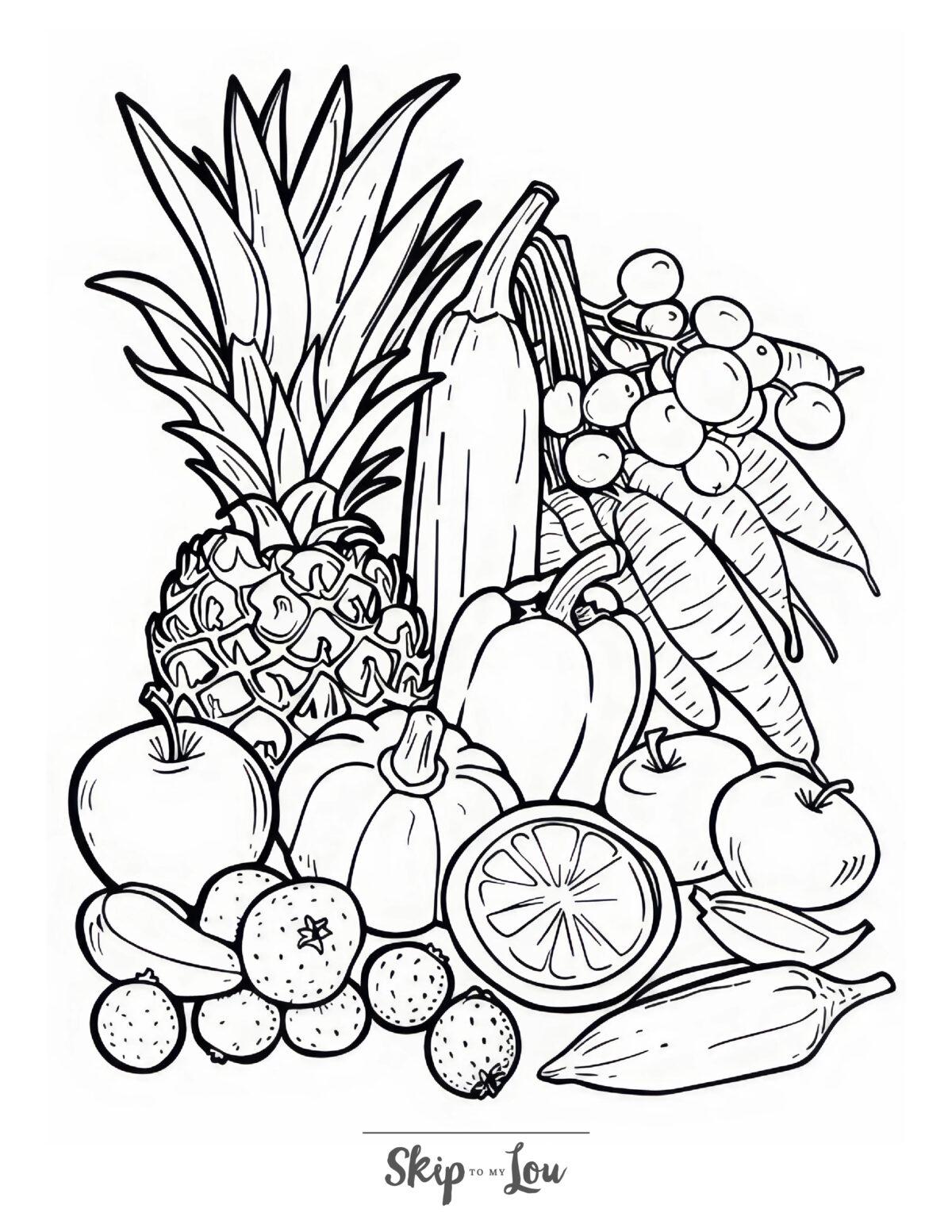 A food coloring page featuring fruits including apples, oranges, grapes, berries, and a pineapple?