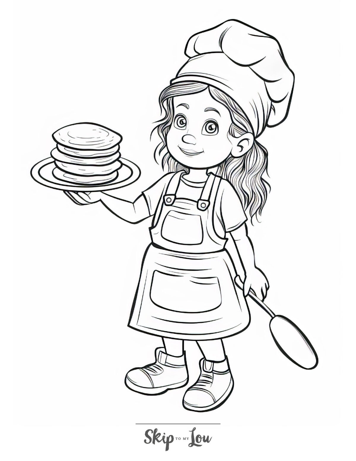 A food coloring page from Skip to My Lou a of a young girl wearing a chefs hat holding a cake she has baked.