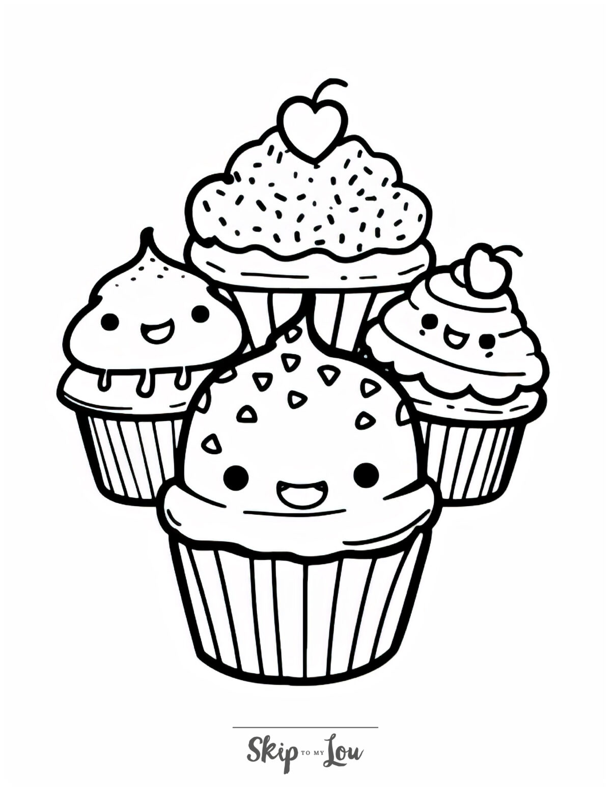 Cute food coloring page featuring cartoon cupcakes.