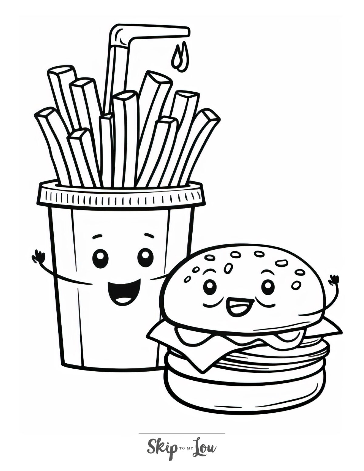 A cute food coloring page of a cartoon burger and fries.