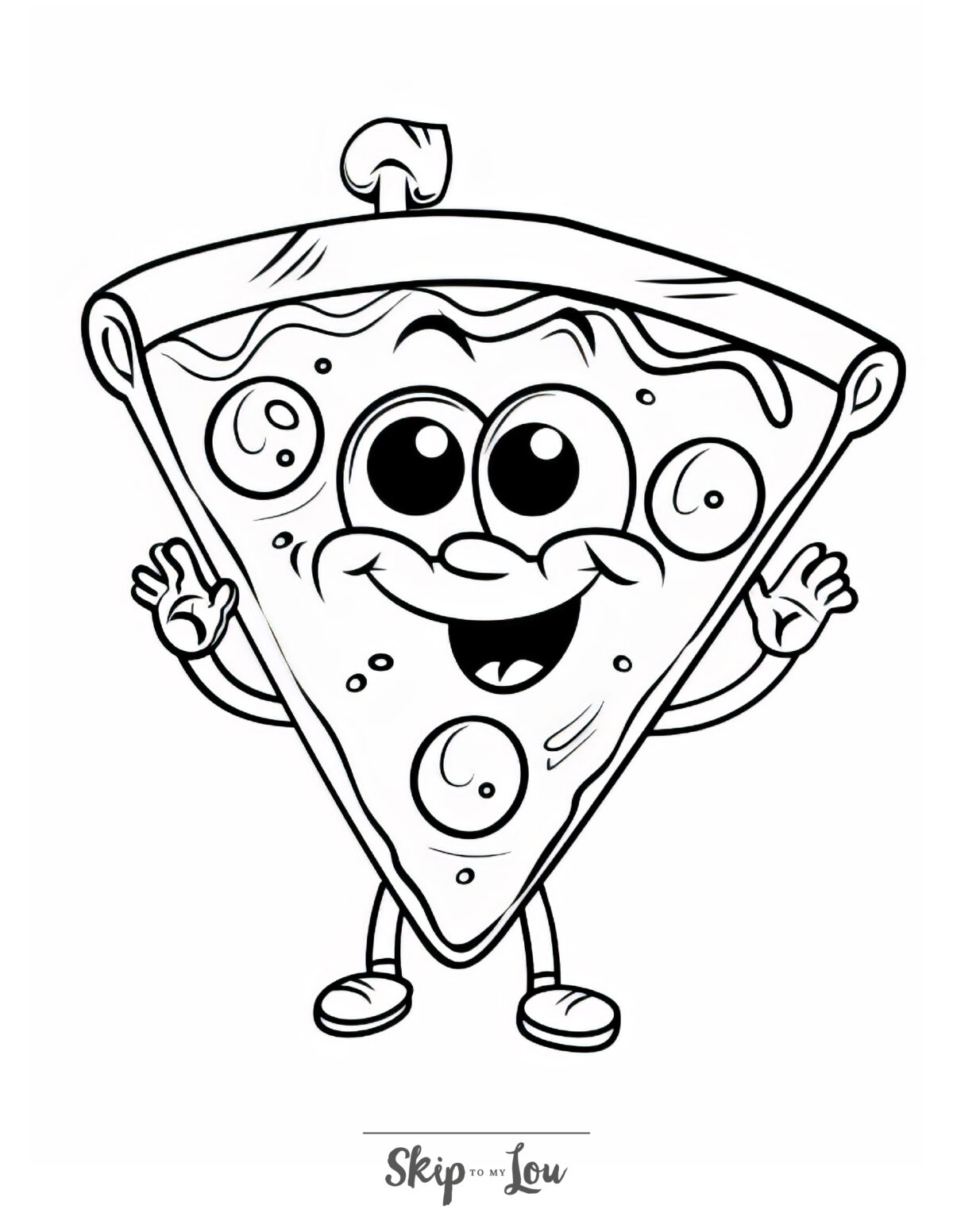 A food coloring page of a cartoon pizza slice.