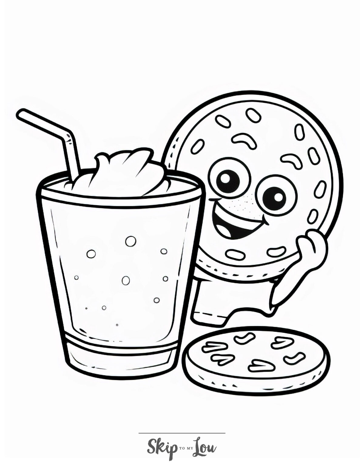 Food coloring pages of a cartoon cookie with a glass of milk.