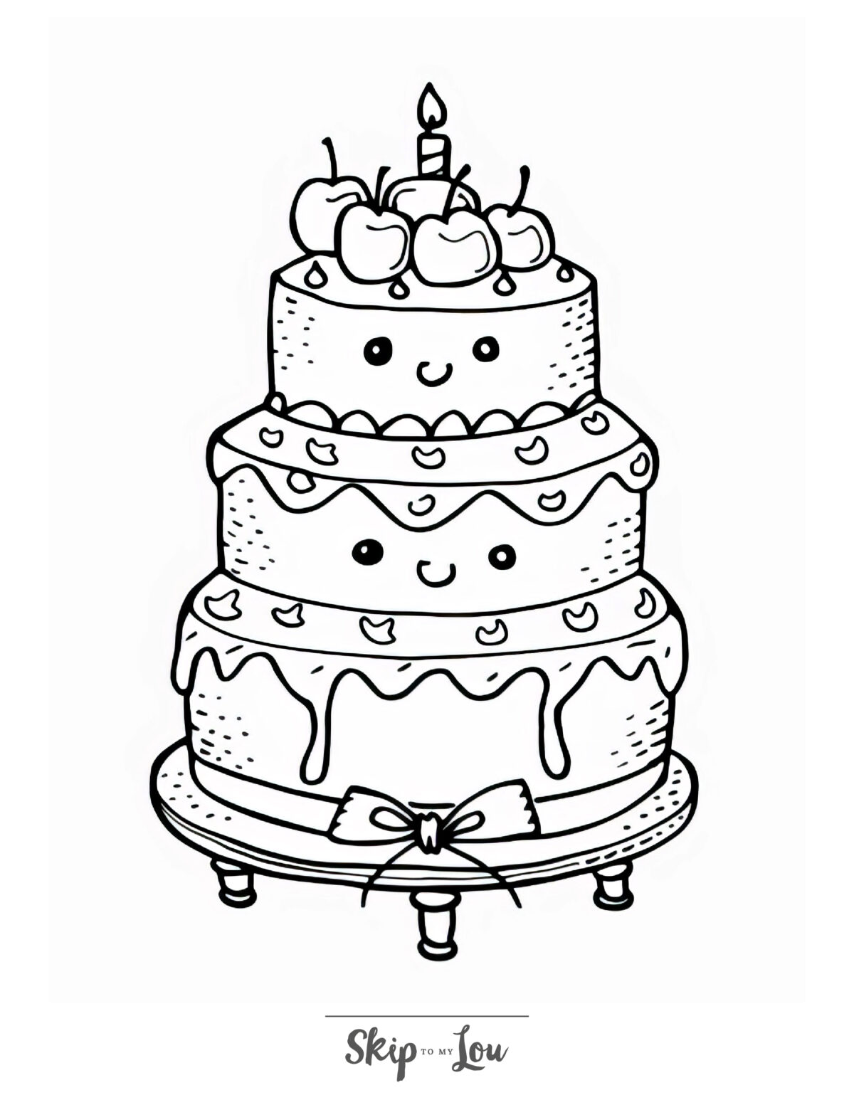 A food coloring page featuring a three-tier cartoon cake.