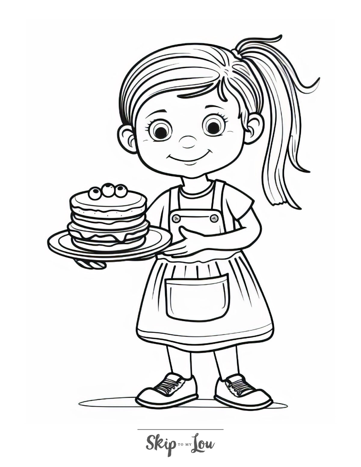 A food coloring page cartoon of a girl holding a plate of pancakes dripping in sauce.