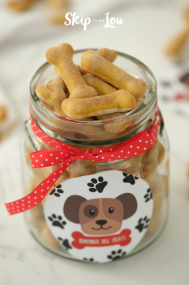 Image shows a mason jar filled with homemade dog biscuits, decorated with a red ribbon and a cute label