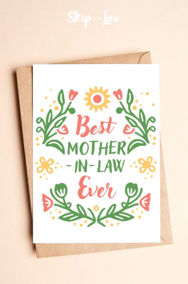 A mother's day card for mother-in-laws on an envelope which is on a cream background from skip to my lou