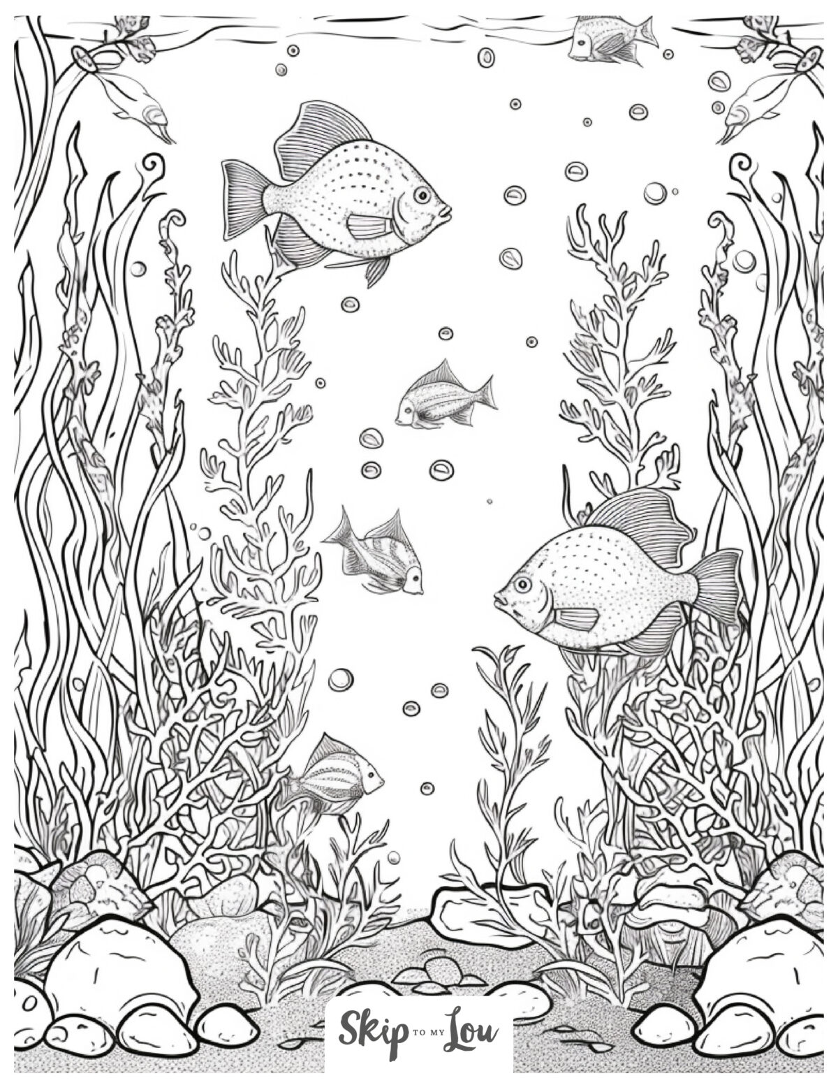 Black and white coloring page of fish swimming amongst kelp and coral reefs.
