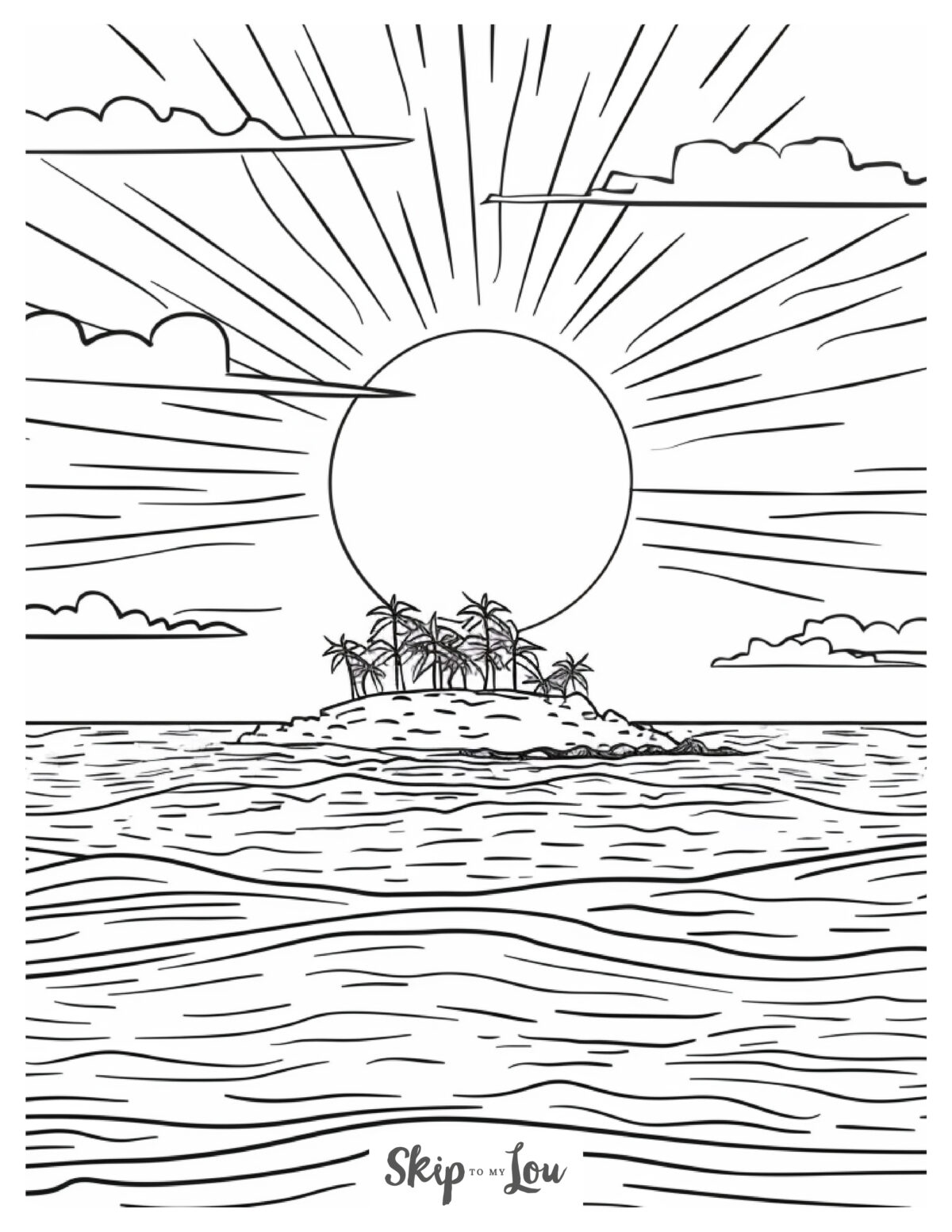 Black and white ocean coloring page of an island with the sun setting behind it.