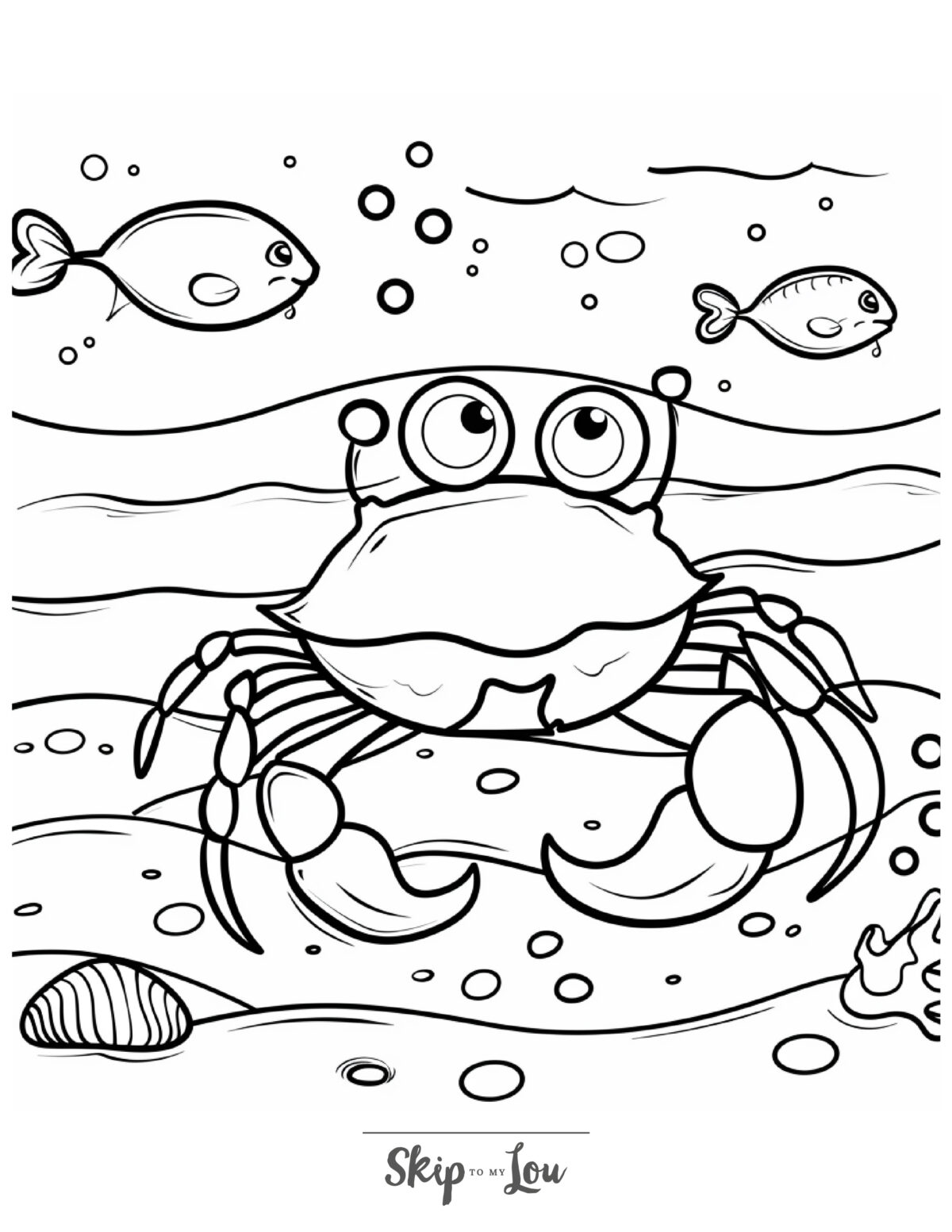 A black and white ocean coloring page of a crab on the bottom of the sea floor.