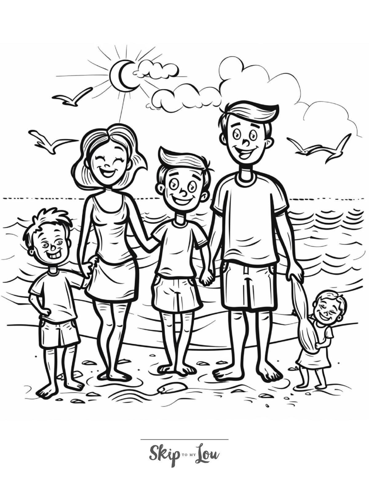 A black and white coloring page of a family on the beach. 