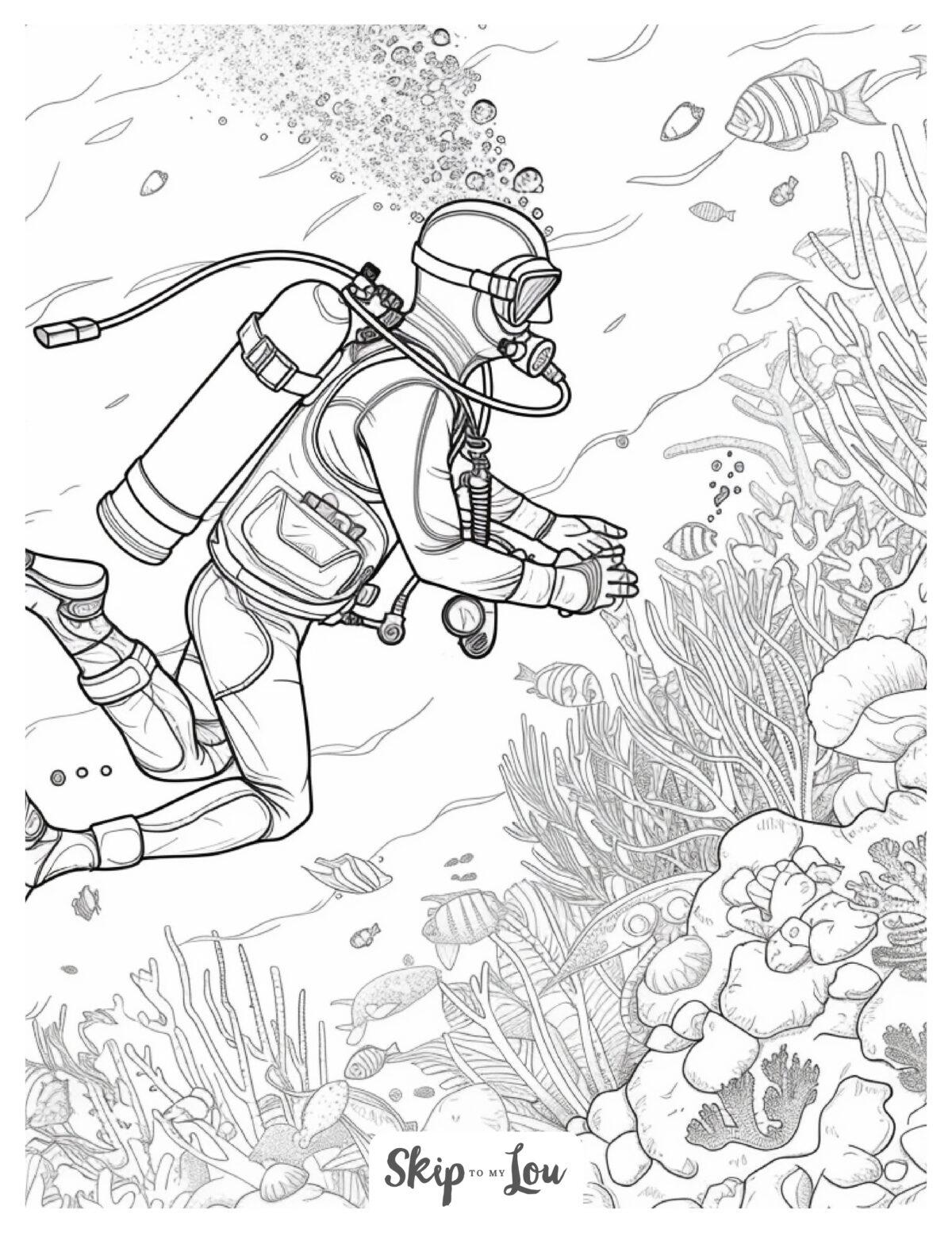 Black and white ocean coloring page of a diver with fish near the seabed. 