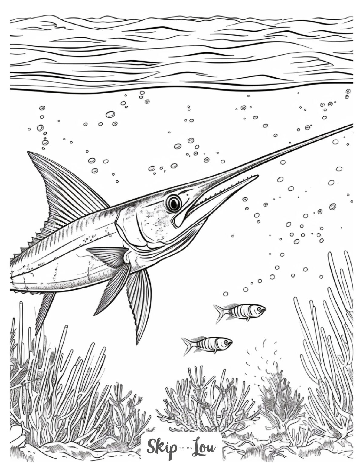 Black and white ocean coloring page of a swordfish.