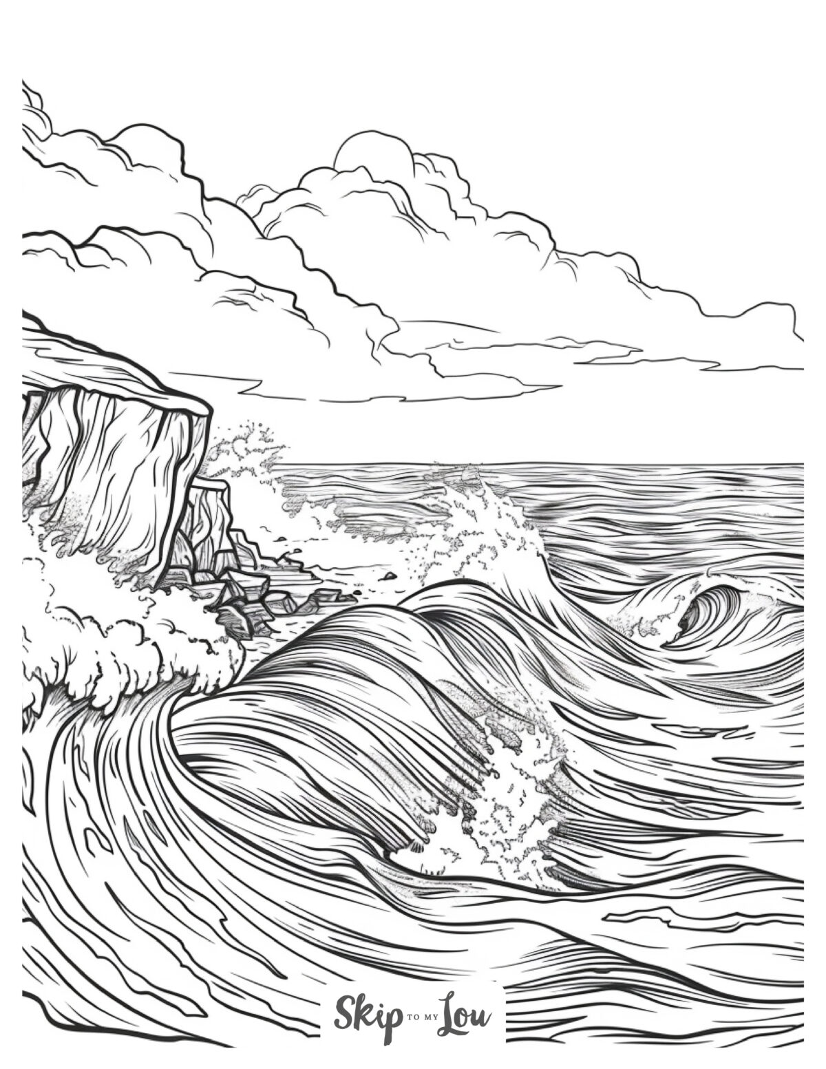 Black and white ocean coloring page of waves crashing on a rock. 