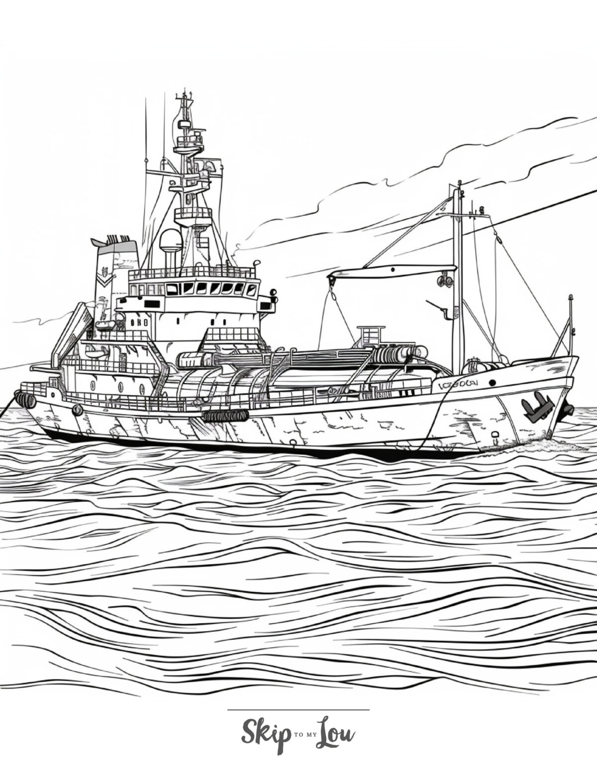 A black and white coloring page of a fishing trawler on the ocean waves.