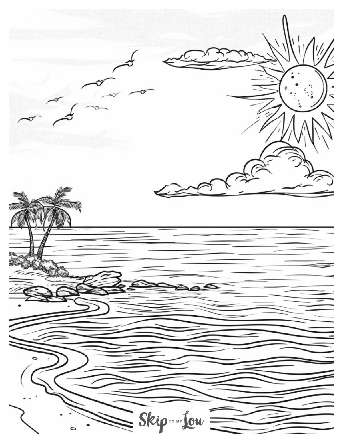 A black and white ocean coloring page of a tranquil empty beach. 