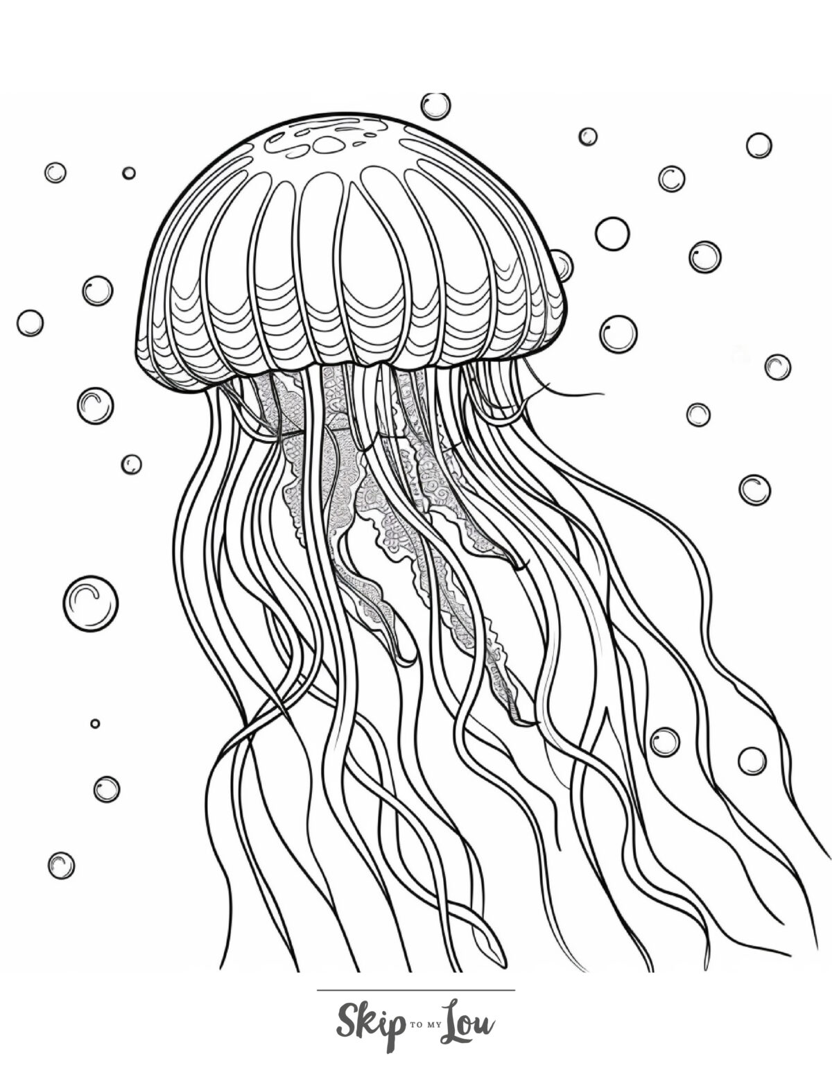 Black and white ocean coloring page of a jellyfish.