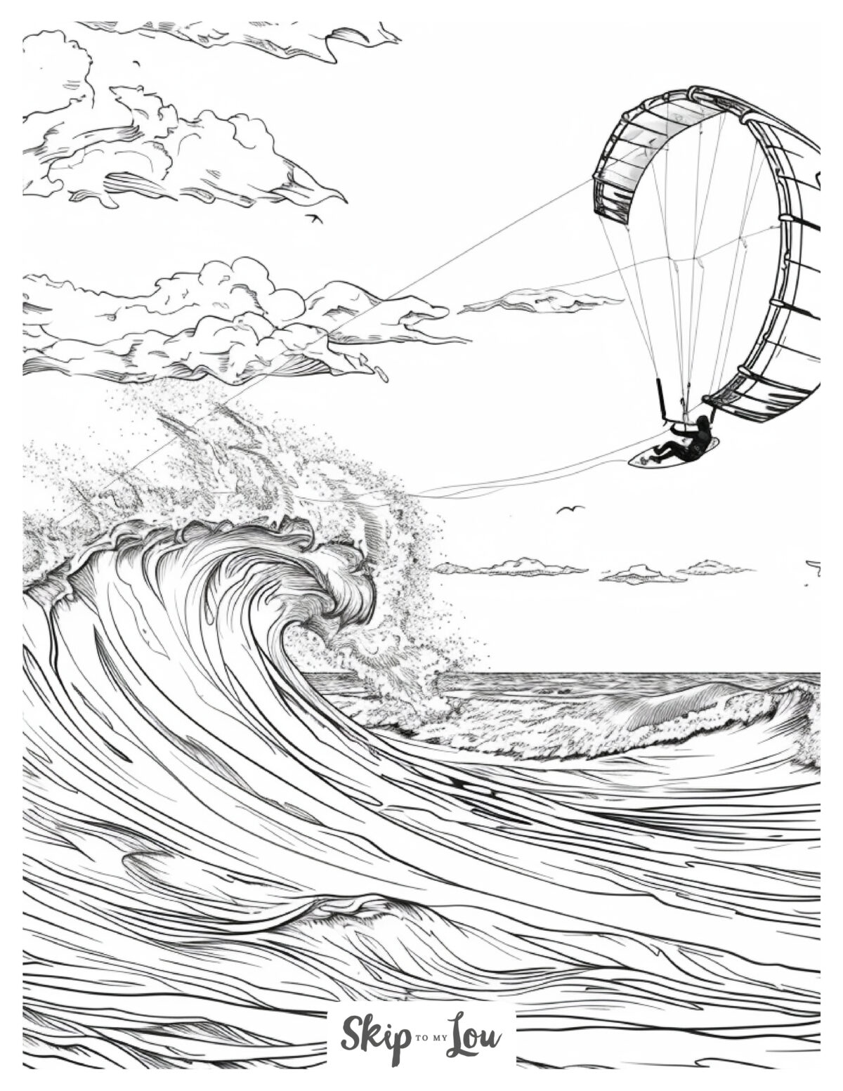 Black and white coloring page of a kite surfer flying above a big wave.