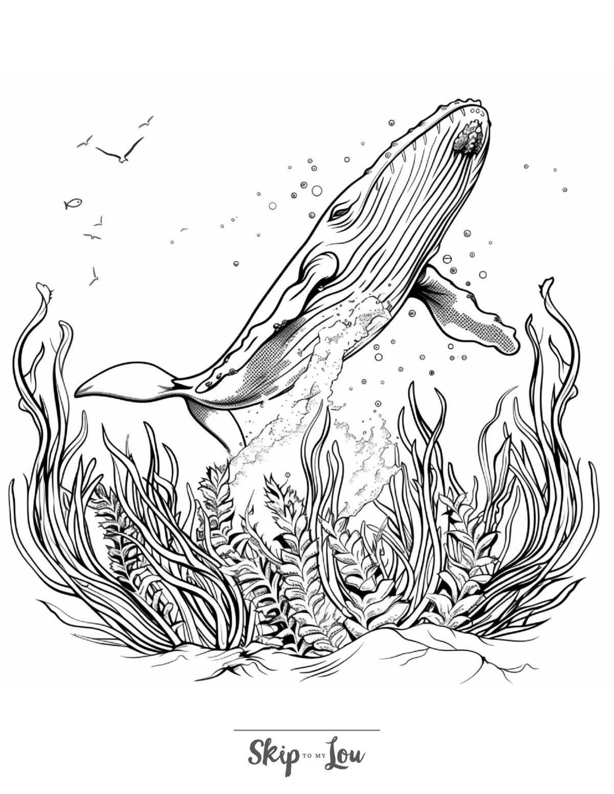 Black and white coloring page of a blue whale swimming underneath the ocean .