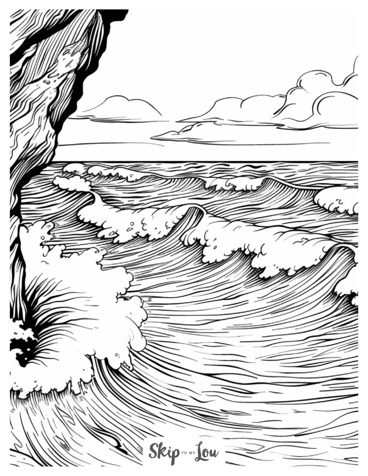Black and white coloring page of ocean waves breaking on a cliff from Skip to my Lou. 
