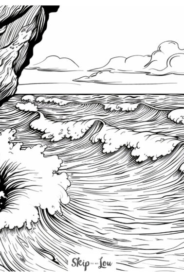Black and white coloring page of ocean waves breaking on a cliff from Skip to my Lou.