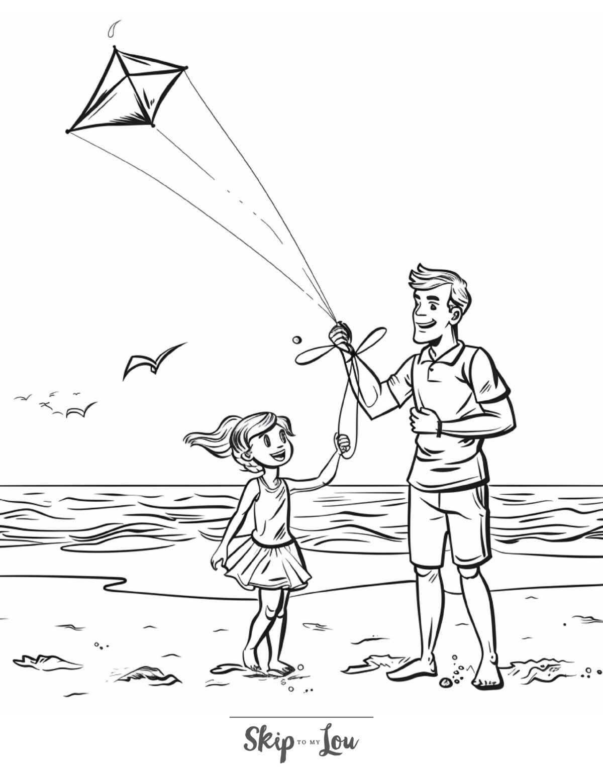 Black and White coloring page of father and daughter fling a kite on a windy beach. 