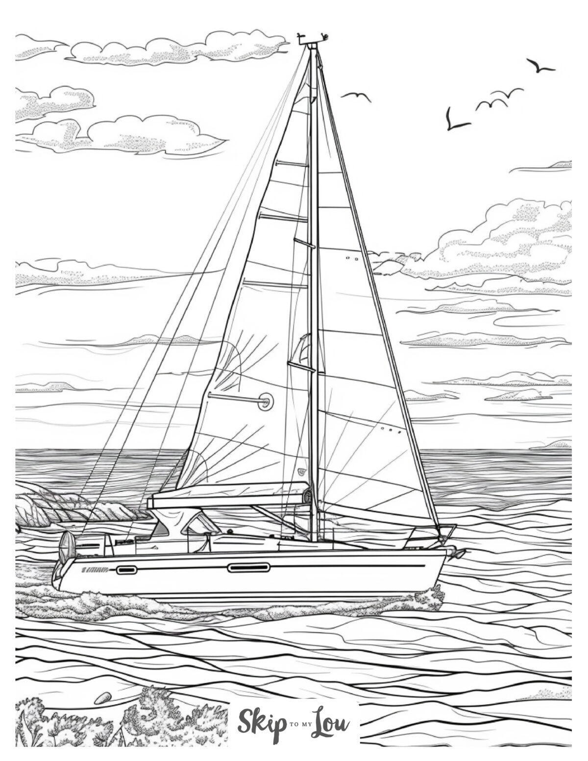 Black and white ocean coloring page of a sailing boat. 