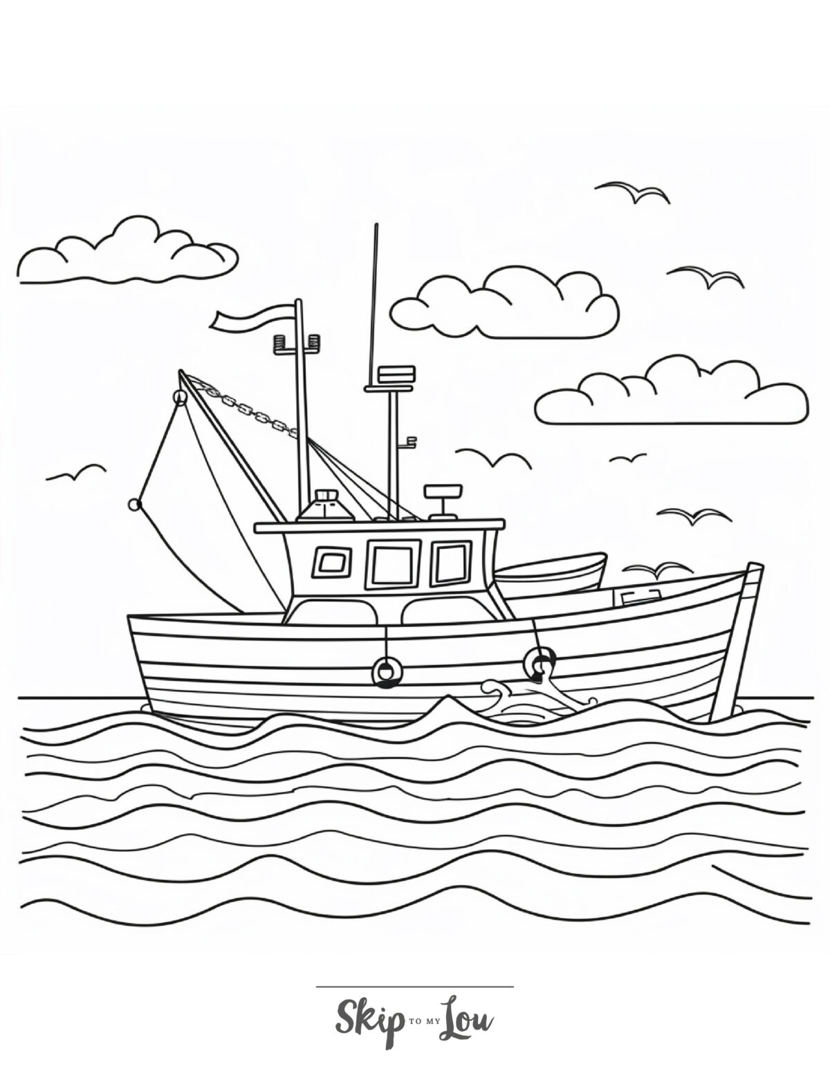 Black and white ocean coloring page of a fishing boat on the sea. 